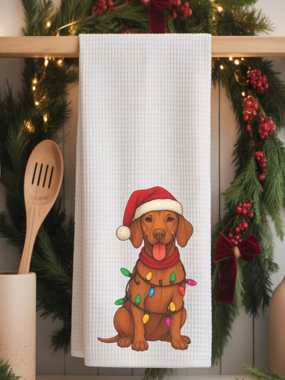 Vizsla Christmas Lights Decorative Kitchen Tea Towel